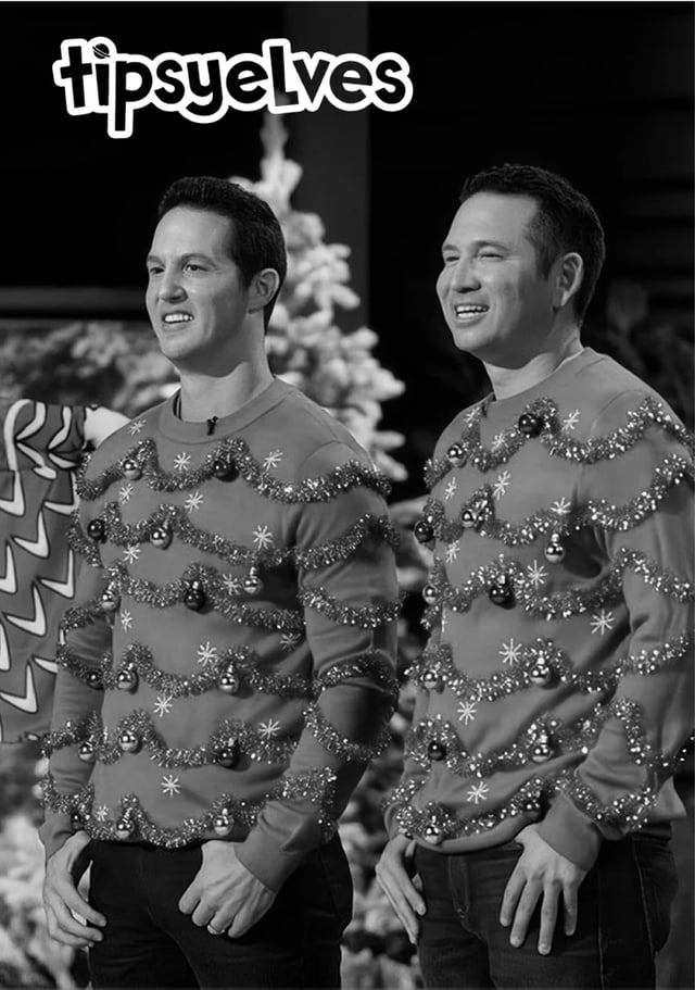 Tipsy Elves founders in holiday sweaters
