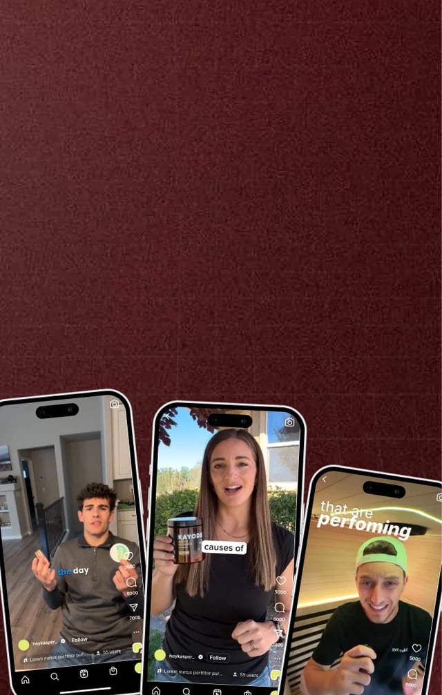 Three phones showing UGC ad creatives