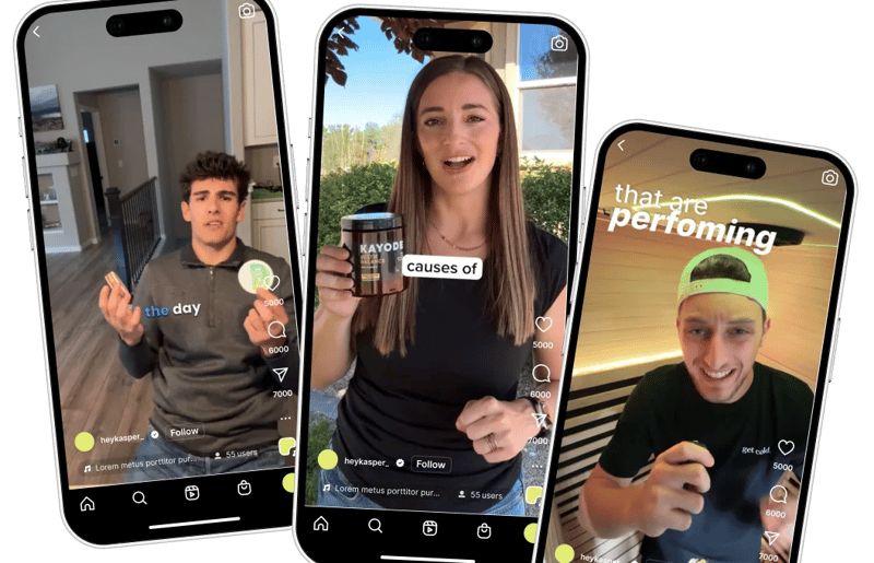 Three phones showing UGC ad creatives