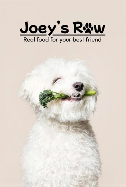 Joey's Raw campaign photo of a white dog holding broccoli in its mouth
