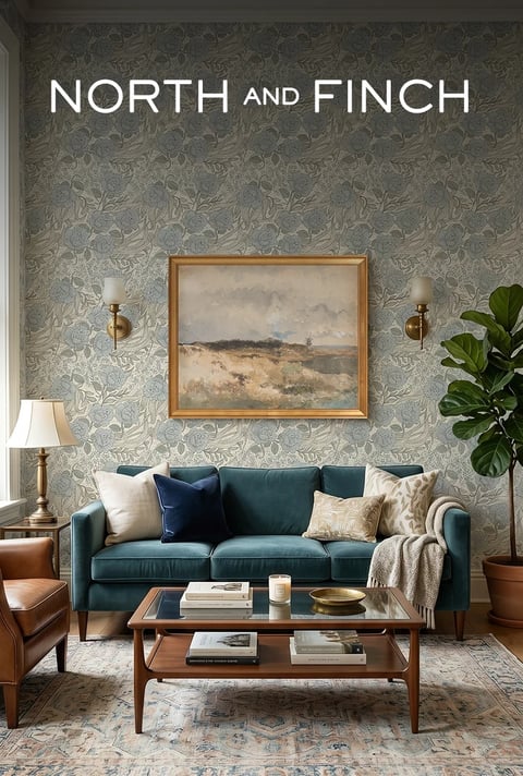 North and Finch living room with a teal sofa and landscape painting on patterned wallpaper