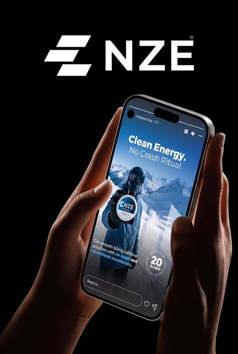 NZE clean energy social ad shown on a phone held in two hands