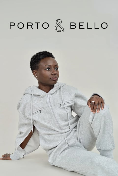 Porto & Bello campaign photo of a model in a grey loungewear set