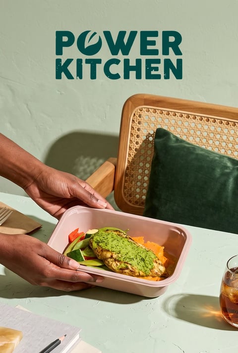 Power Kitchen prepared meal with grilled chicken and salsa verde served in a takeaway container