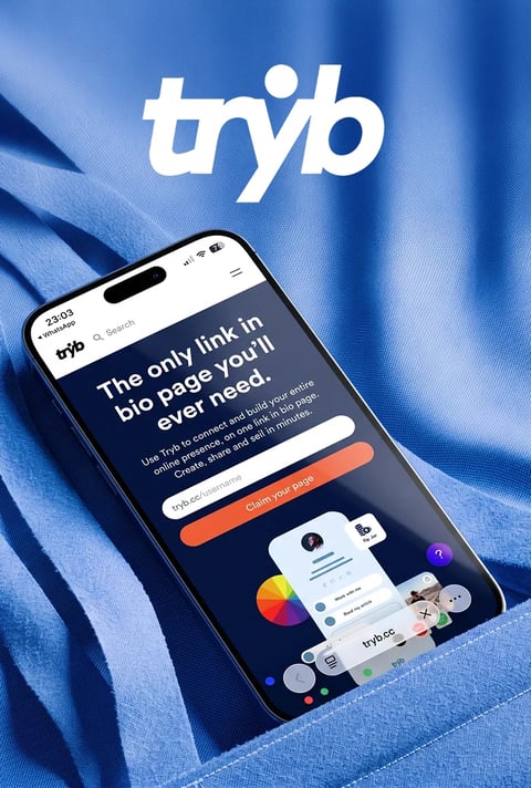 Tryb link-in-bio app on a phone lying on blue fabric