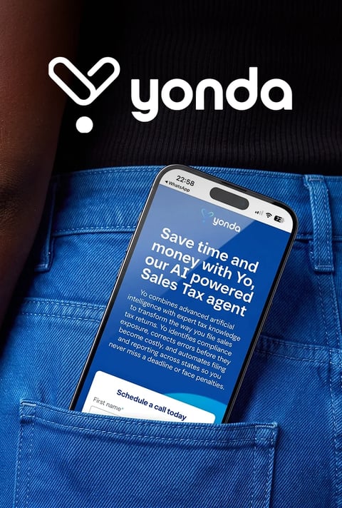 Yonda AI sales tax website on a phone tucked in a jeans pocket
