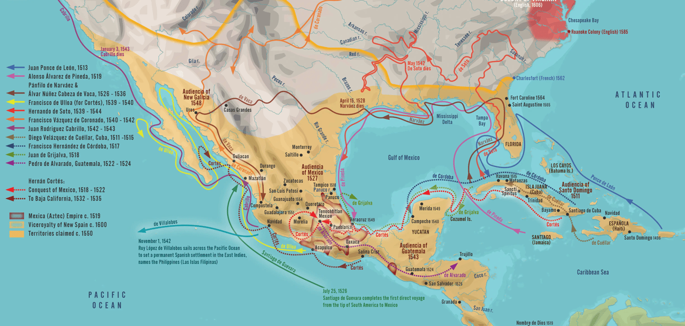 Map of the Spanish conquest routes across Mexico