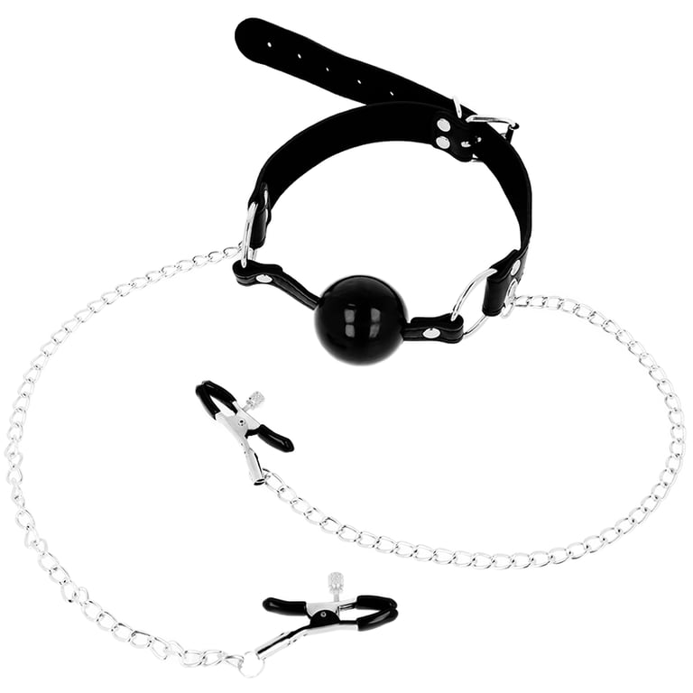 Fetish Black Ball Gag With Nipple Clamps