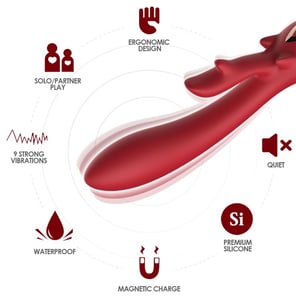 Vibrador Rabbit Curvo Rojo Elk Estimulación Dual, Silicona Suave, Recargable