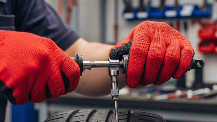 Mechanik v pneuservisu provádí odbornou opravu pneumatiky, detailní záběr na instalaci nebo výměnu ventilku pro zajištění správného tlaku.