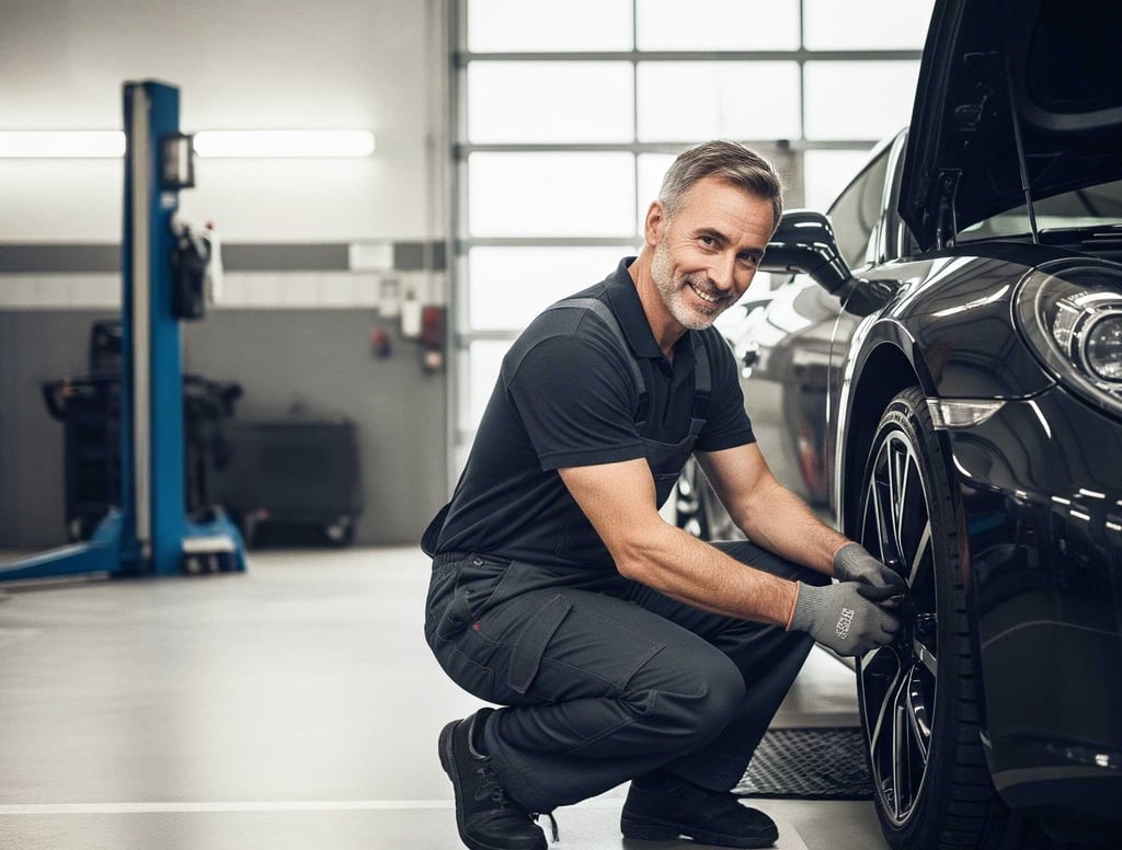 Automechanik v úsměvu pracuje na pneumatice černého auta v garáž