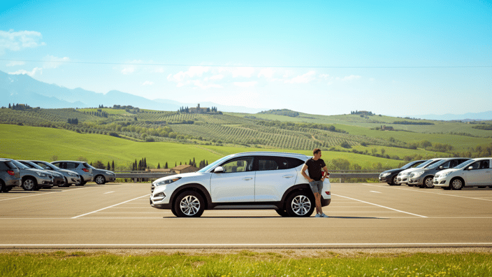 Мужчина опирается на свой белый внедорожник, припаркованный на стоянке с прекрасным видом на зеленый холмистый пейзаж.