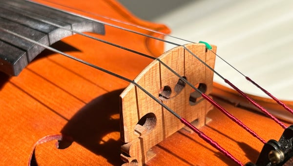 Detailní pohled na dřevěné housle, zaměřený na kobylku a struny. Obrázek ilustruje preciznost a detail, které jsou klíčové pro 3D tisk hudebních nástrojů a jejich částí.