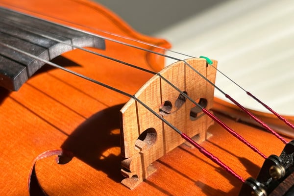 Detailní pohled na dřevěné housle, zaměřený na kobylku a struny. Obrázek ilustruje preciznost a detail, které jsou klíčové pro 3D tisk hudebních nástrojů a jejich částí.