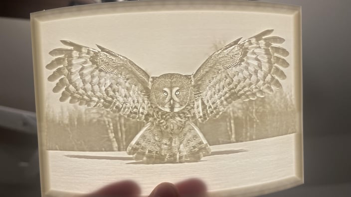 Podsvícená 3D tištěná litofanie sovy držená v ruce, ukazující detailní osobní dárek vyrobený 3D tiskem.