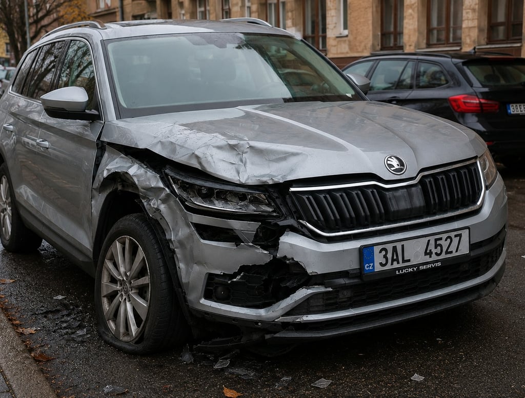 Автомобиль Škoda со значительно повреждённым передним бампером и крылом после ДТП, подготовленный к ремонту в кузовном цехе сервиса Lucky.