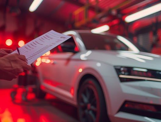 Záběr zblízka na ruce osoby, která drží a perem kontroluje seznam v prostředí, které vypadá jako autosalon nebo garáž. V rozostřeném pozadí je přední část bílého auta, osvětlená červenými a bílými světly, což naznačuje moderní nebo stylizované prostředí.