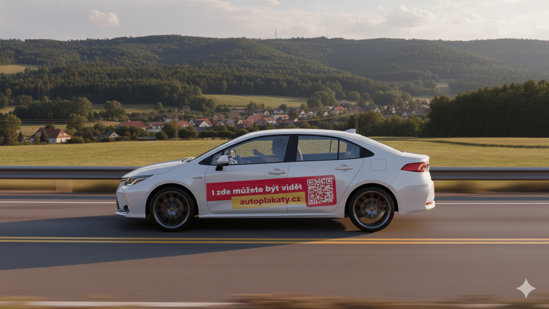 Autoplakát na autě v městském provozu