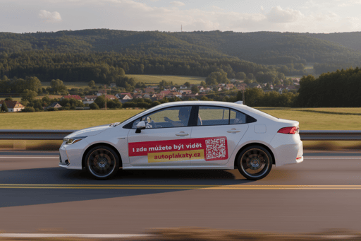 Autoplakát na autě v městském provozu