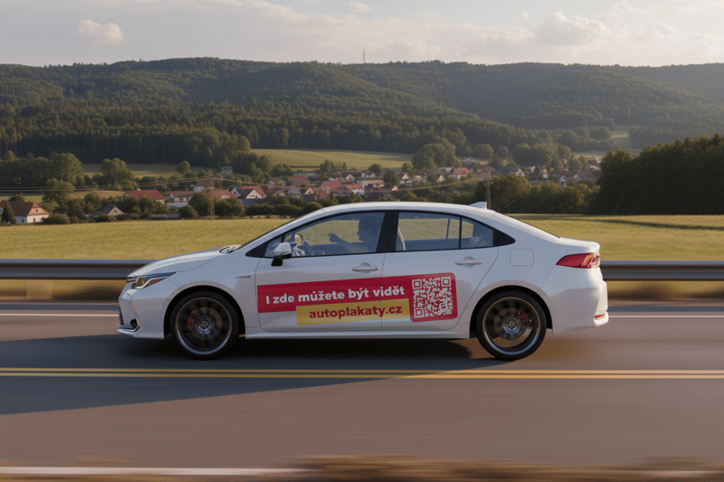 Autoplakát na autě v městském provozu