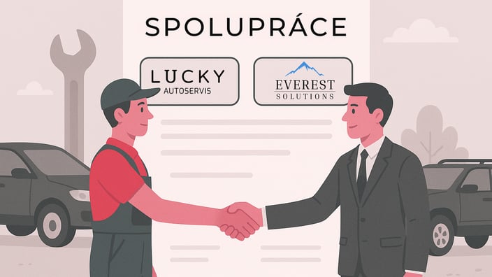 Ilustrace nové obchodní spolupráce mezi Lucky Autoservis a firmou Everest Solutions, kde si automechanik podává ruku s podnikatelem.