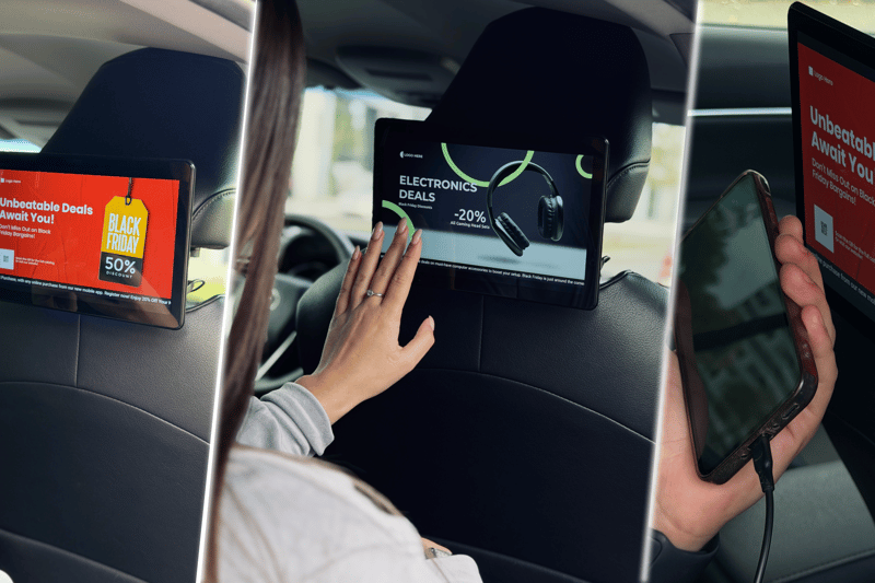 Reklamní tablet v interiéru taxi
