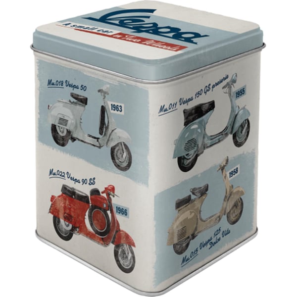 Image of Blechdose mit Motiv Vespa - Model Chart Motorroller bunt