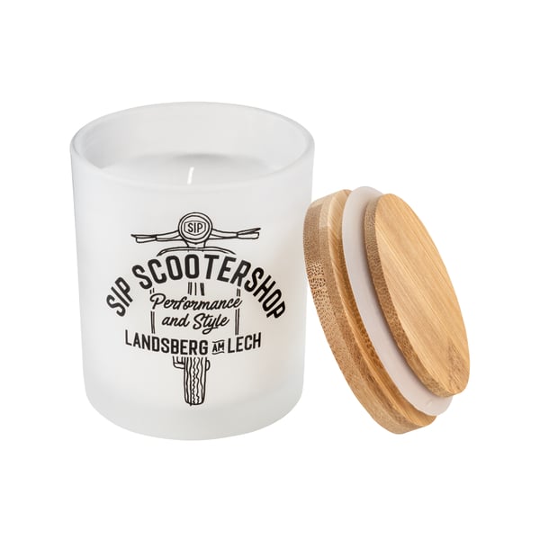 Image of Duftkerze SIP Vanilleduft mit Motiv Vespa Motorroller weiß/schwarz
