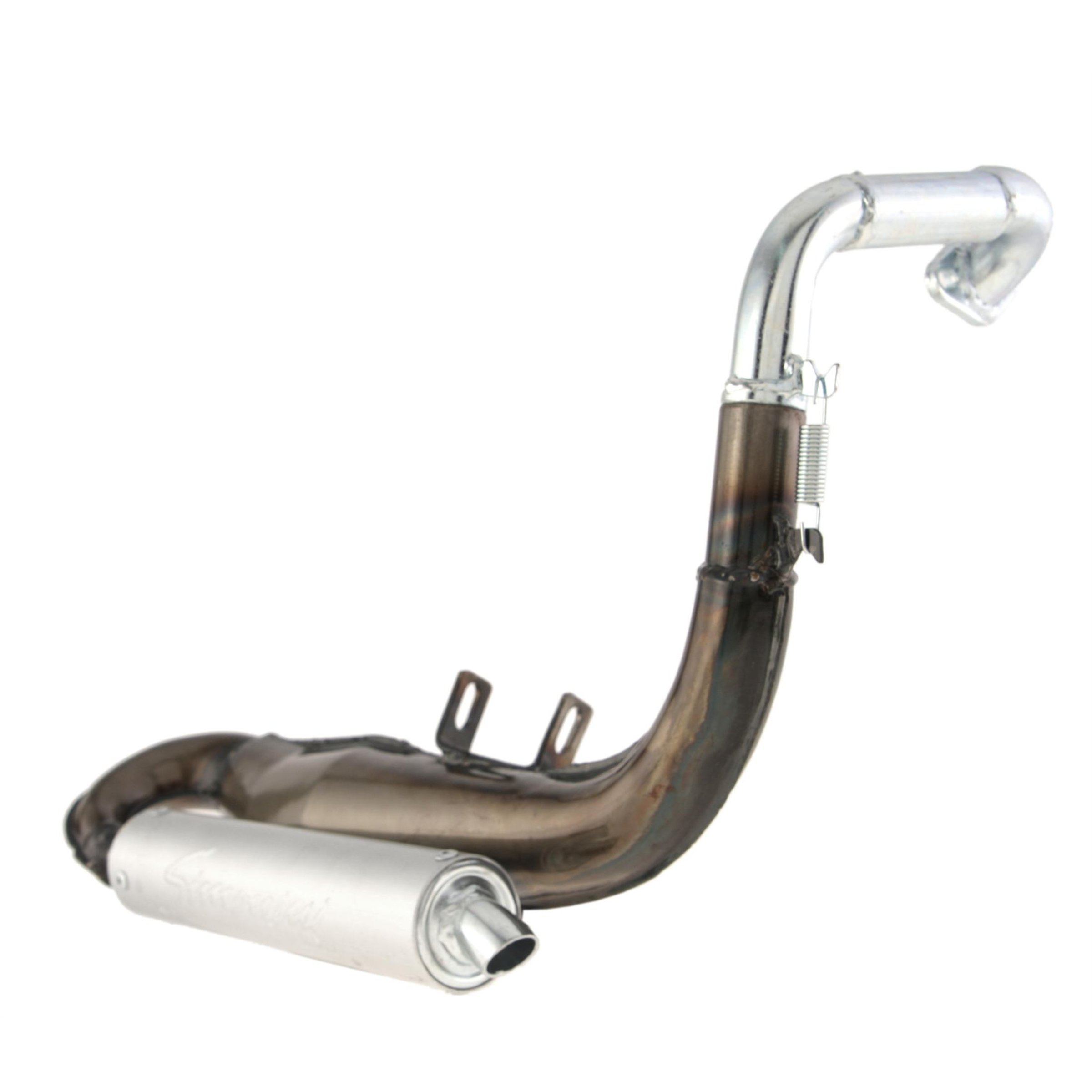 Image of Rennauspuff SIMONINI, Material: Stahl klarlackiert, Dämpfer: Aluminium Farbe (ESD): silber für Vespa 50/N/L/R/S/Special/SR/SS für Vespa 50/N/L/R/S/Special/SR/SS