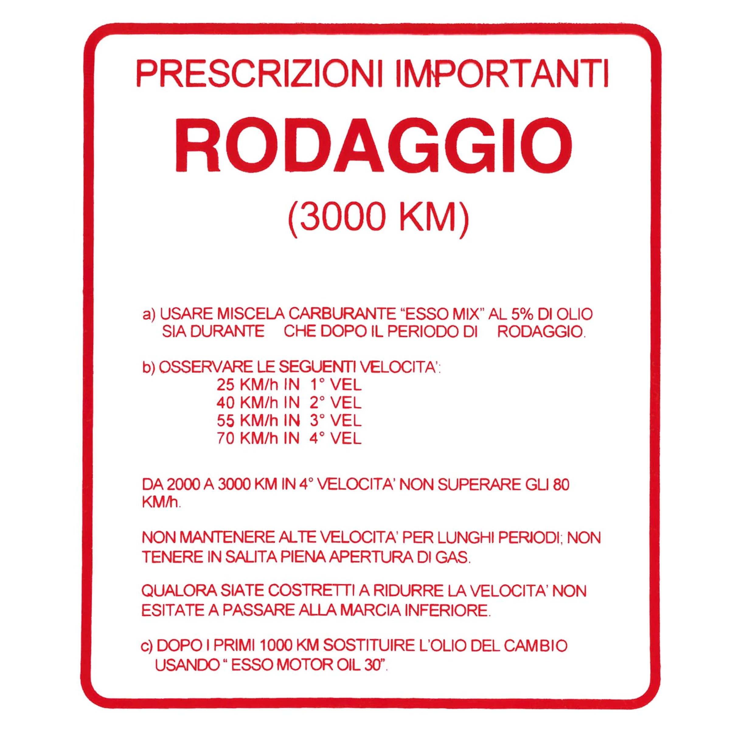 Image of Aufkleber Einfahrvorschrift, RODAGGIO für Vespa 160 GS für Vespa 160 GS
