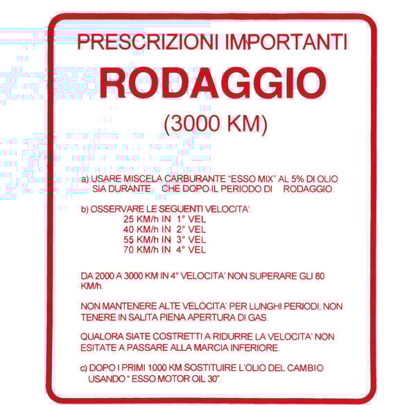 Image of Aufkleber Einfahrvorschrift, RODAGGIO für Vespa 160 GS