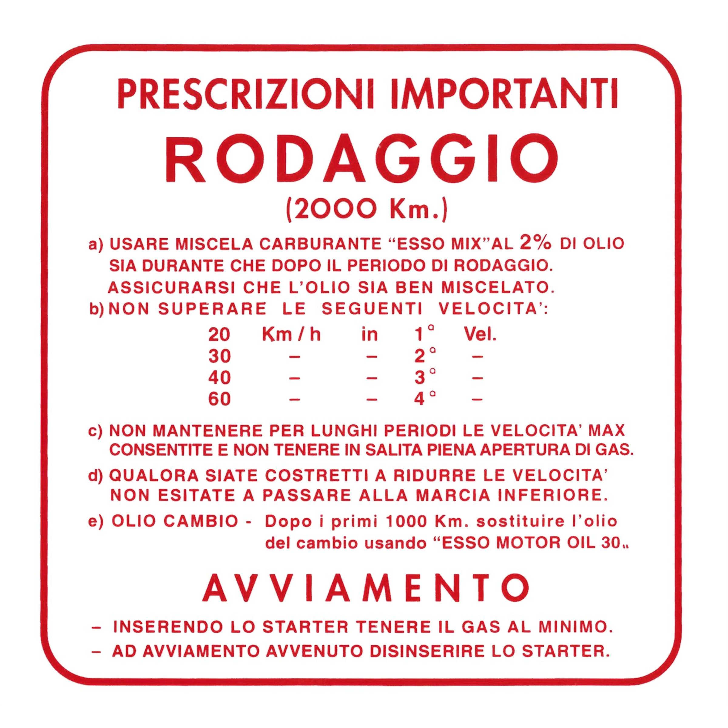 Image of Aufkleber Einfahrvorschrift, RODAGGIO für Vespa 125 VNB/GT/150 VBB/GL für Vespa 125 VNB/GT/150 VBB/GL