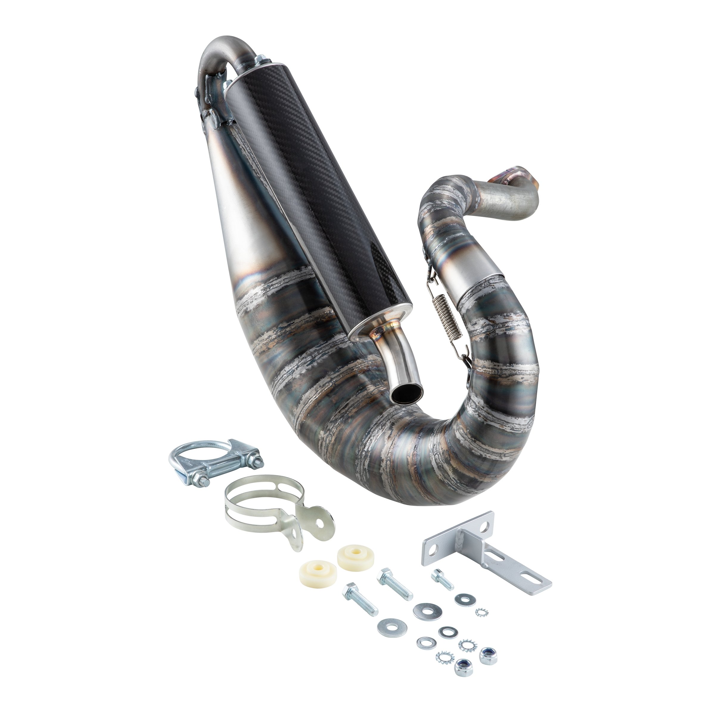 Image of Rennauspuff JL VSP RACE, Material: Stahl klarlackiert, Dämpfer: Carbon Farbe (ESD): carbon für Vespa 90/R/SS/100/125 VMA1T für Vespa 90/R/SS/100/125 VMA1T