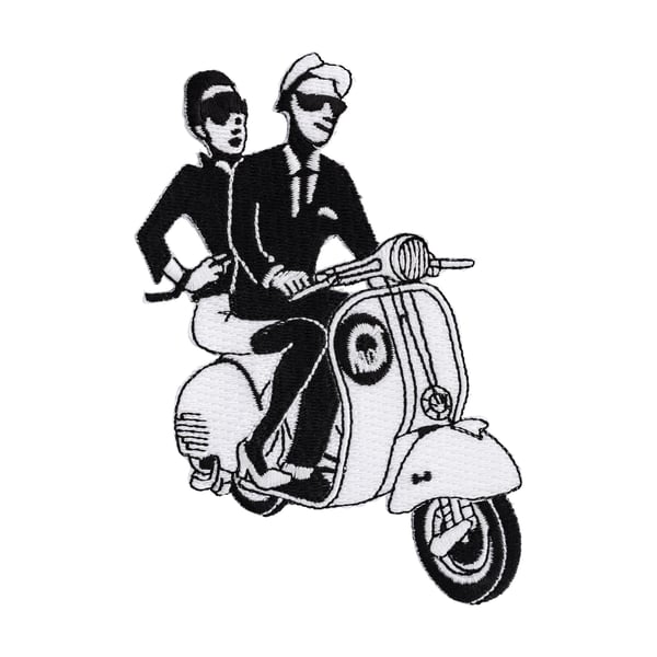 Image of Aufnäher mit Motiv "2-Tone Mann mit Begleitung auf Vespa Motorroller"