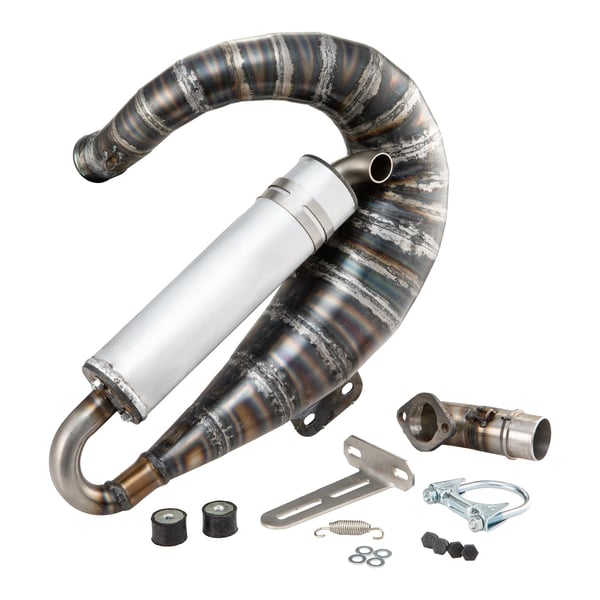 Image of Rennauspuff EGIG Performance VRA 1,2mm für M200, Stahl klarlackiert, Dämpfer: Aluminium Farbe (ESD): silber für Vespa 90/R/SS/100/125 VMA1T