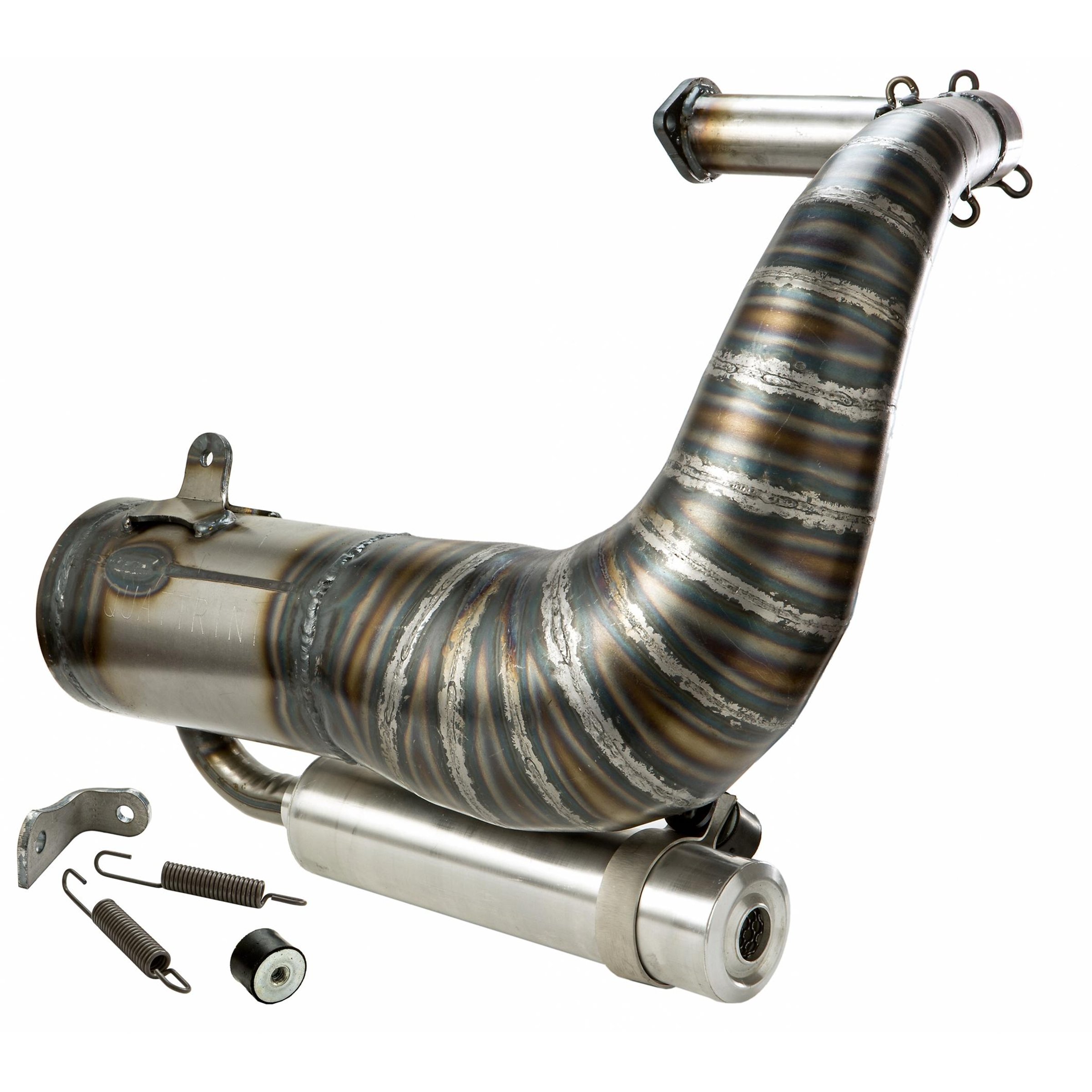 Image of Rennauspuff QUATTRINI M3-200, Material: Stahl klarlackiert, Dämpfer: Aluminium Farbe (ESD): silber für Vespa 90/R/SS/100/125/PV/ET3 für Vespa 90/R/SS/100/125/PV/ET3