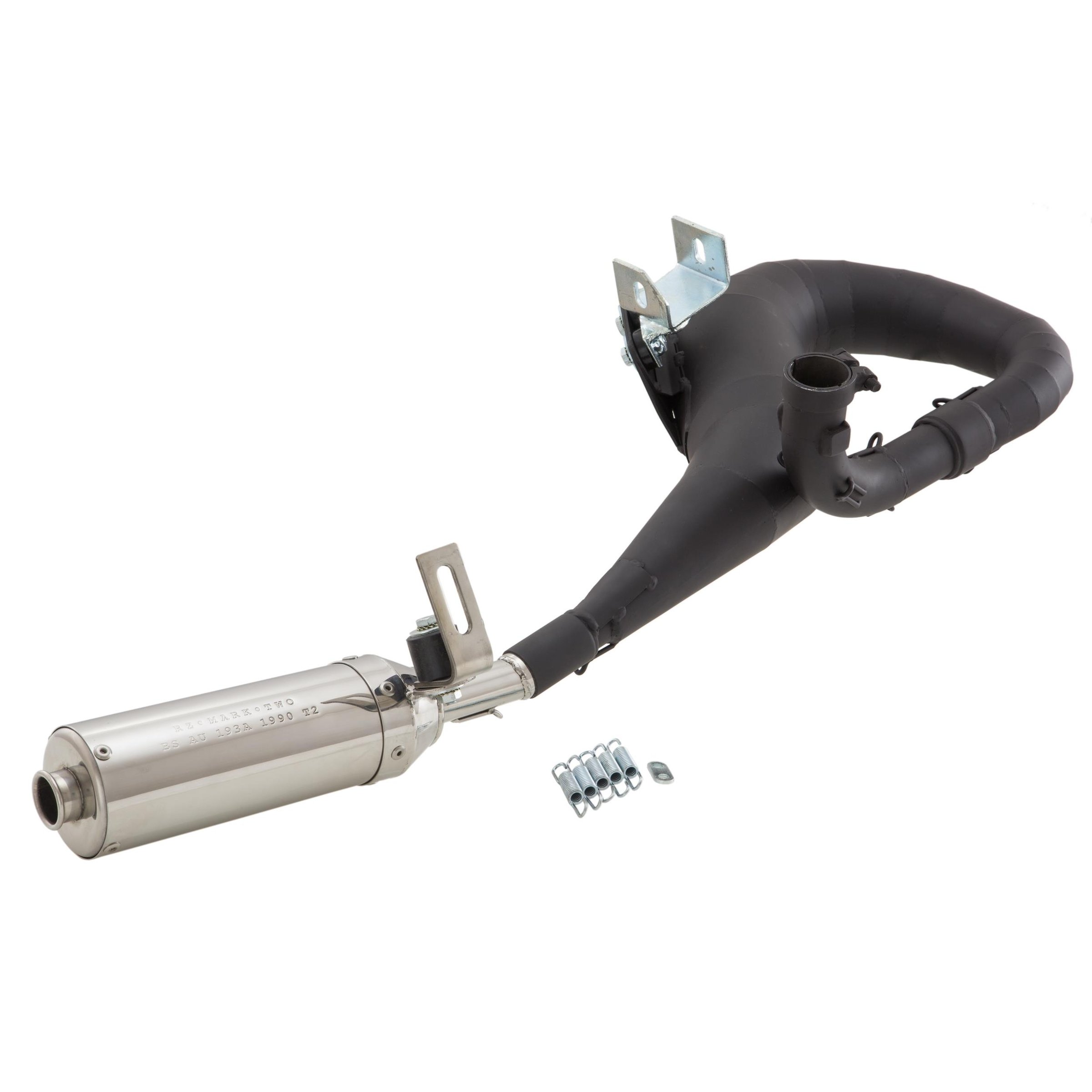 Image of Rennauspuff RZ Revolver, Material: Stahl schwarz, Dämpfer: Edelstahl Farbe (ESD): poliert für Vespa P80-150X/PX80-150 E/Lusso/'98/MY/Cosa 1 für Vespa P80-150X/PX80-150 E/Lusso/'98/MY/Cosa 1