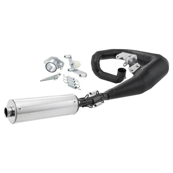 Image of Rennauspuff JL RST, Stahl schwarz, Farbe (ESD): silber für Lambretta 125 LI/LIS/DL/GP/150 LI/LIS/SX/DL/GP/175 TV 2°-3°/200 TV/SX/DL/GP