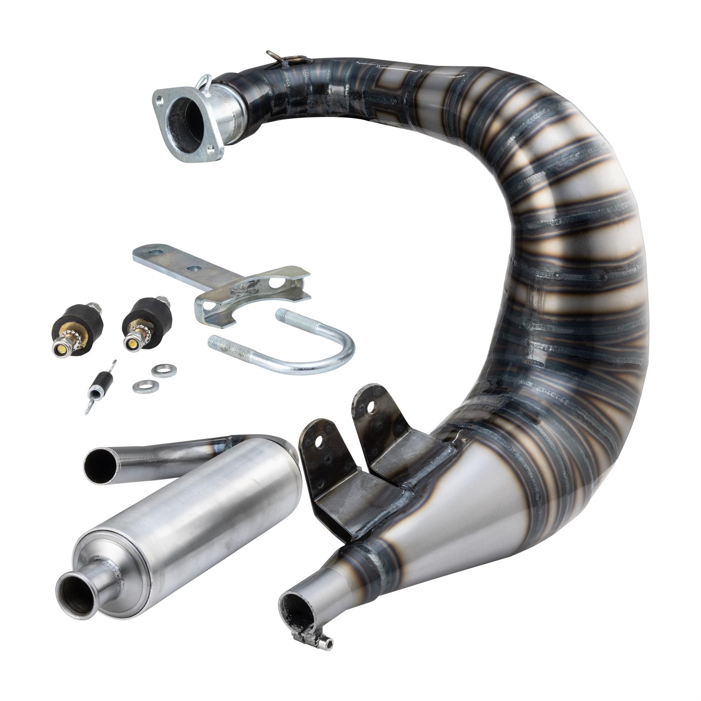 Image of Rennauspuff für M200, Material: Stahl klarlackiert, Dämpfer: Aluminium Farbe (ESD): silber für Vespa 90/R/SS/100/125/PV/ET3 für Vespa 90/R/SS/100/125/PV/ET3