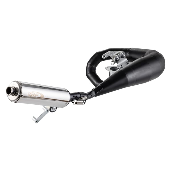 Image of Rennauspuff JL TS1 Race, Stahl schwarz, Dämpfer: Edelstahl Farbe (ESD): silber für Lambretta 125 LI/LIS/DL/GP/150 LI/LIS/SX/DL/GP/175 TV (2°-3°)/200 TV/SX/DL/GP