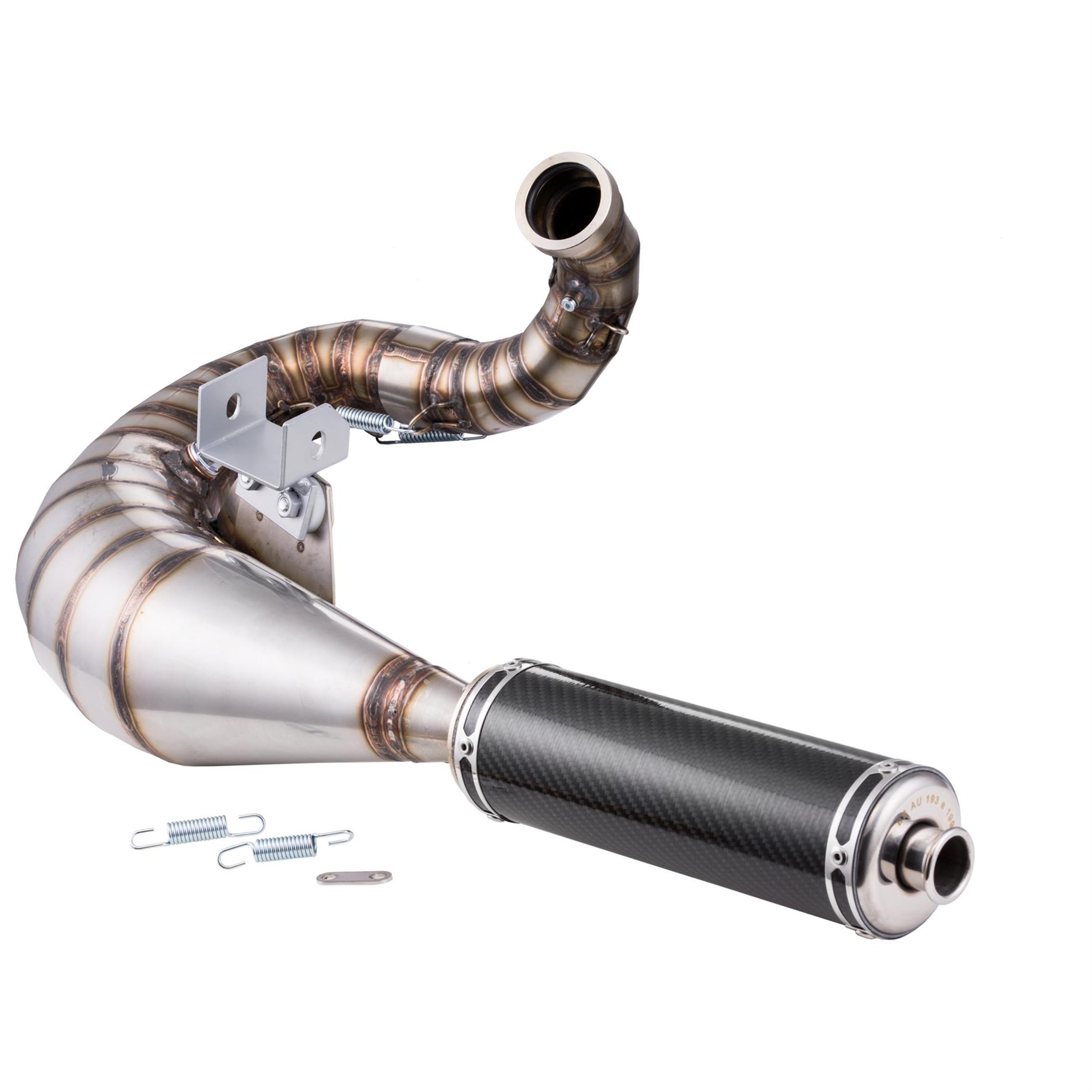 Image of Rennauspuff SIP Performance R2 Design by NORDSPEED, Material: Edelstahl unlackiert, Dämpfer: Carbon Farbe (ESD): carbon für Vespa 200 Rally/P200E/PX200 E/Lusso/'98/MY/Cosa 1 200 für Vespa 200 Rally/P200E/PX200 E/Lusso/'98/MY/Cosa 1 200
