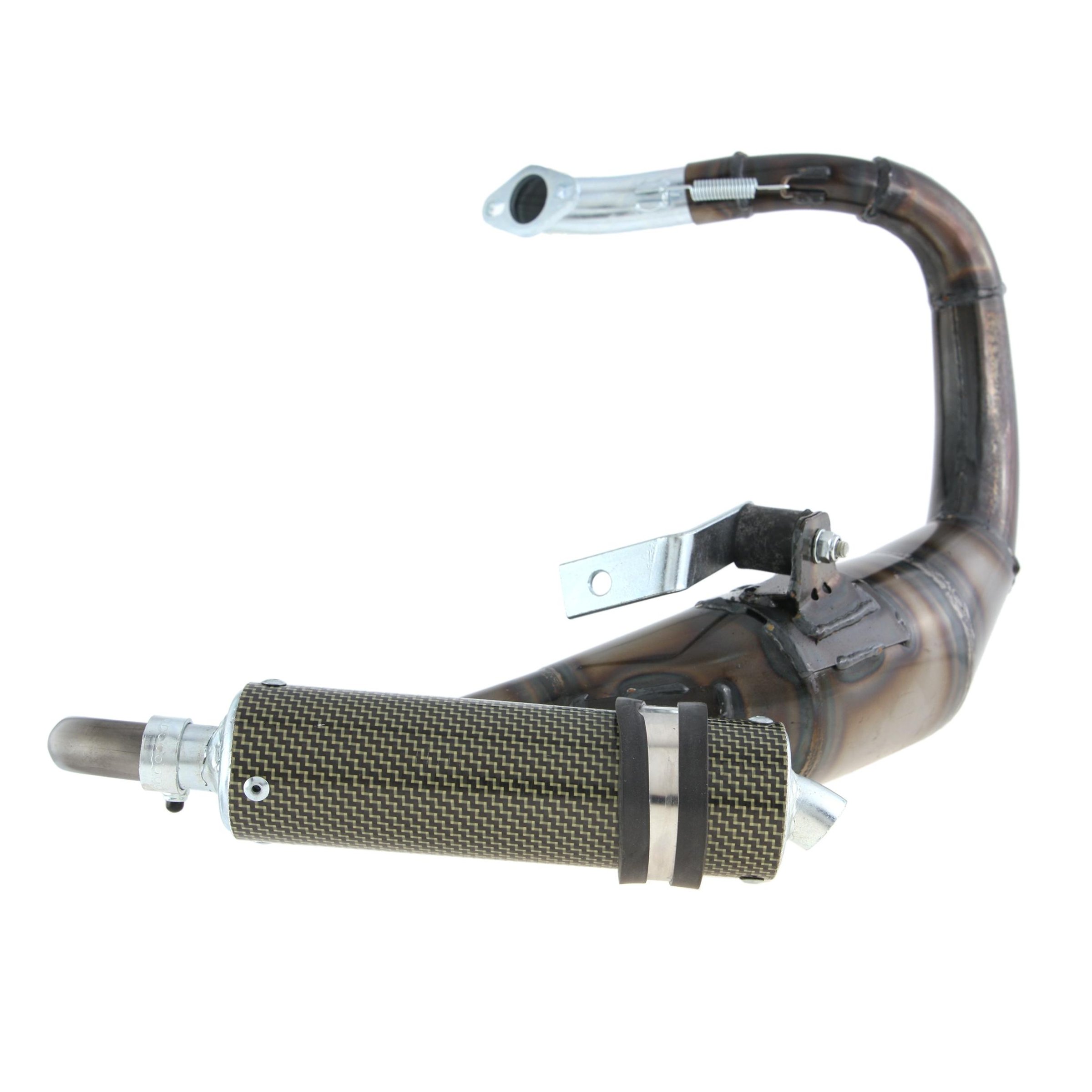 Image of Rennauspuff SIMONINI lefthand Evo, Material: Stahl klarlackiert, Dämpfer: Carbon/Polyamid Farbe (ESD): carbon für Vespa 90/R/SS/100/125/PV/ET3 für Vespa 90/R/SS/100/125/PV/ET3