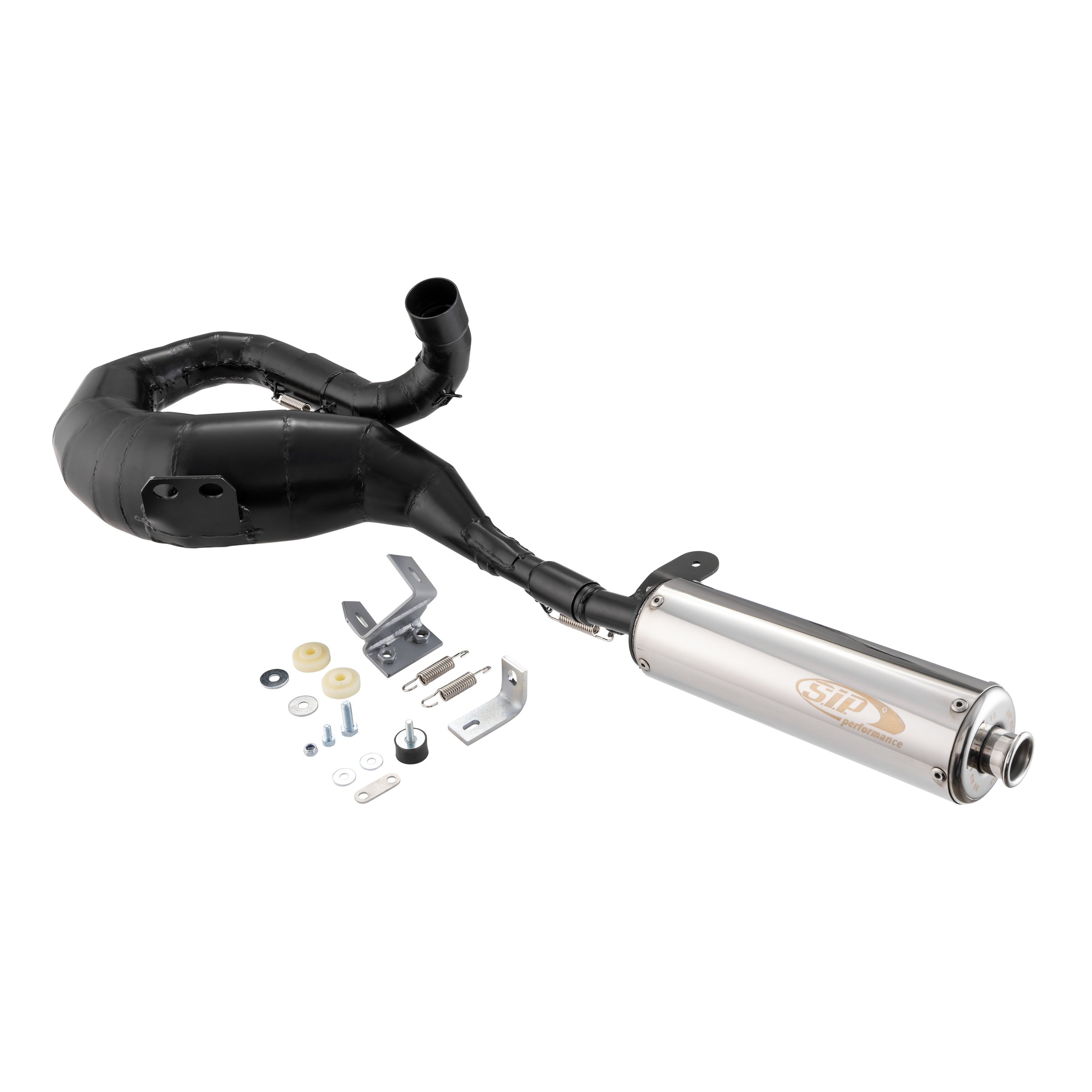 Image of Rennauspuff SIP Performance 2.0, Material: Stahl schwarz, Dämpfer: Edelstahl Farbe (ESD): silber für Vespa 200 Rally/P200E/PX200 E/Lusso/'98/MY/Cosa 1 200 für Vespa 200 Rally/P200E/PX200 E/Lusso/'98/MY/Cosa 1 200