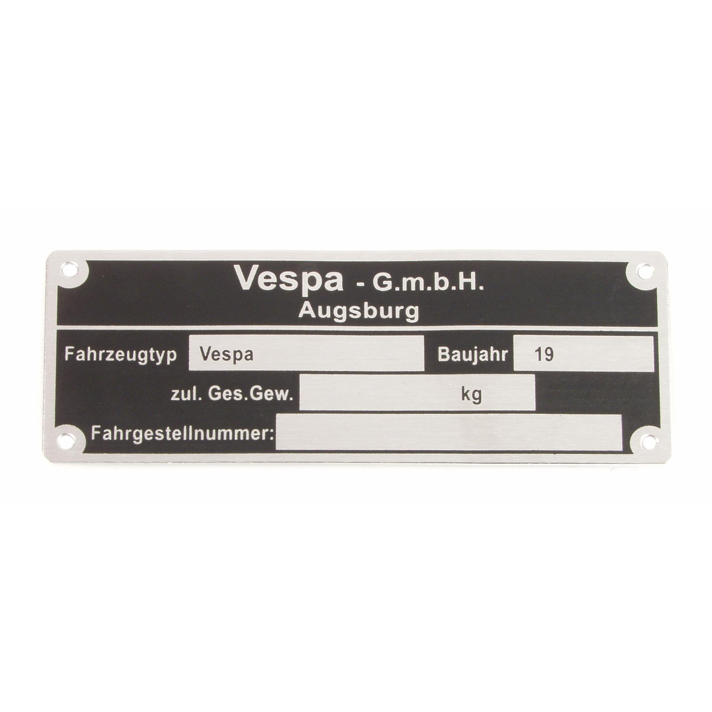 Image of Typenschild "Vespa GmbH Augsburg" für Vespa alle dt. Modelle '58-'61 für Vespa alle dt. Modelle '58-'61
