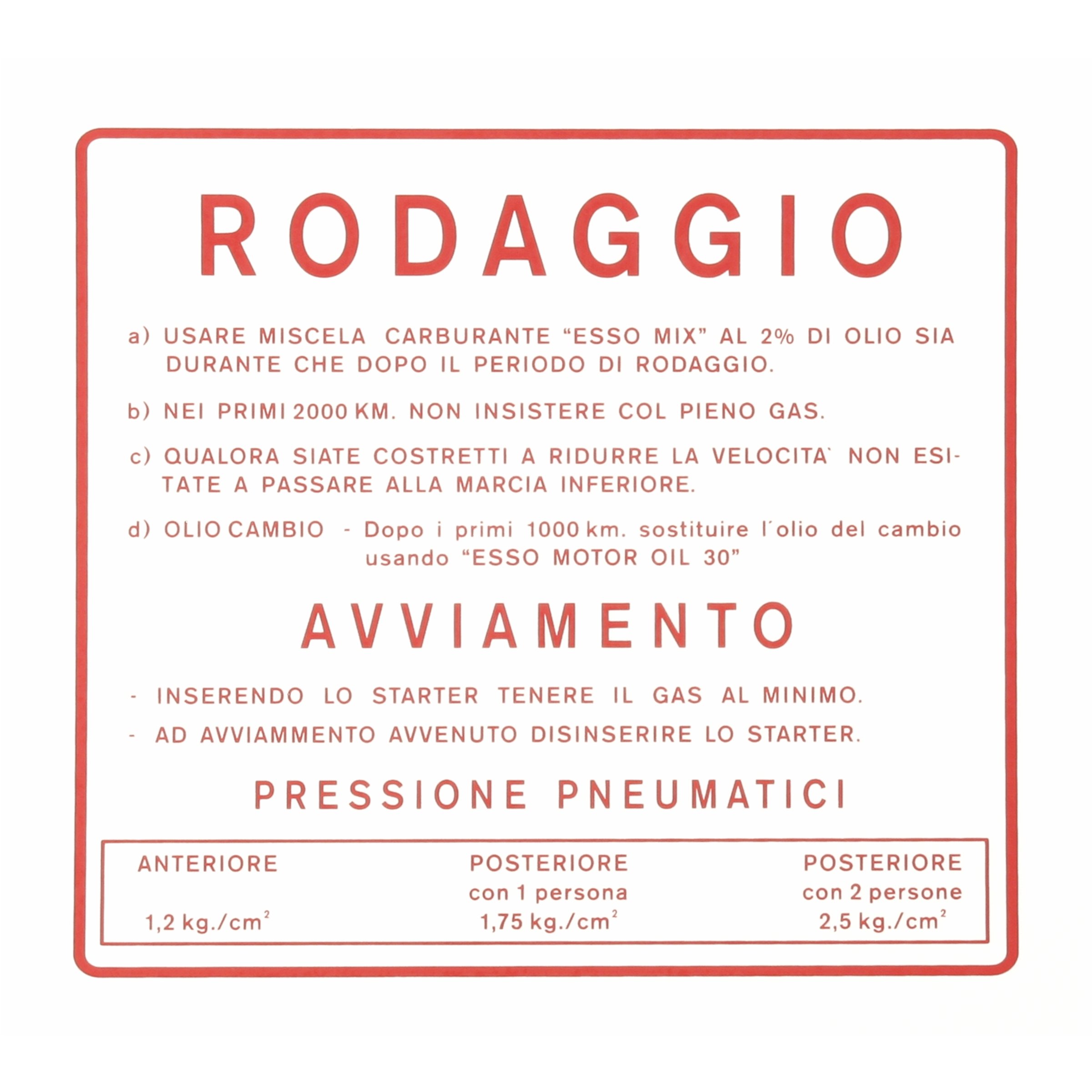 Image of Aufkleber Einfahrvorschrift, RODAGGIO für Vespa 180-200 Rally für Vespa 180-200 Rally