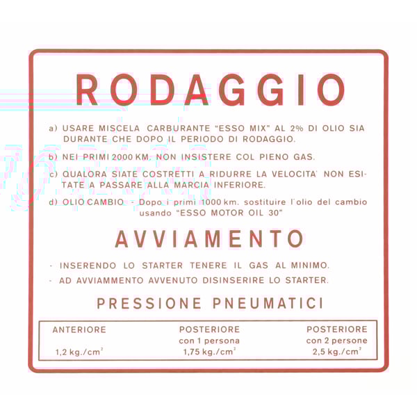 Image of Aufkleber Einfahrvorschrift, RODAGGIO für Vespa 180-200 Rally