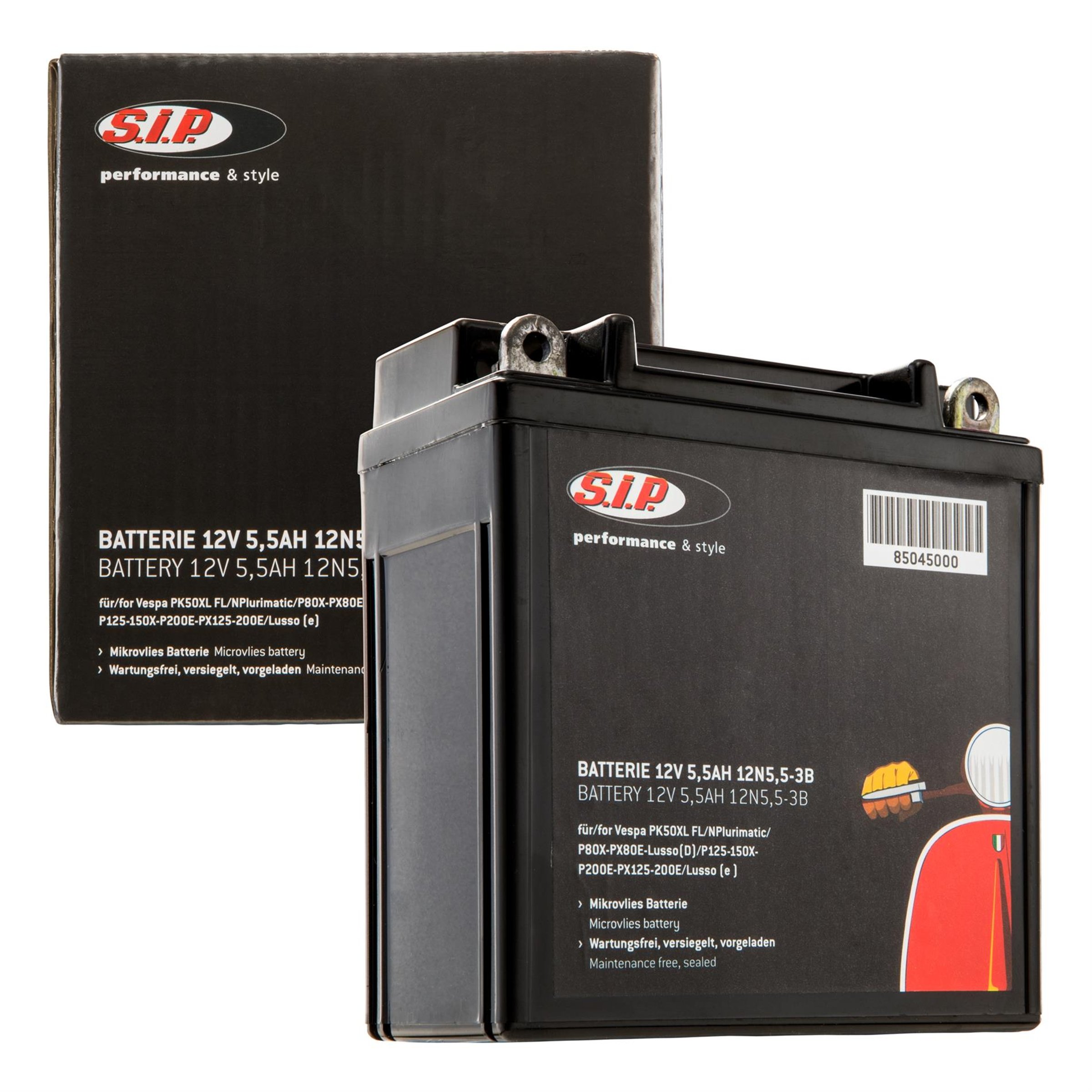 Image of Batterie SIP 12V/5.5Ah, 12N5,5-3B für Vespa PK50XL FL/N Plurimatic/P80X-PX80E-Lusso (D)/P125-150X-P200E-PX125-200E/Lusso (e), mit Batterie für Vespa PK50XL FL/N Plurimatic/P80X-PX80E-Lusso (D)/P125-150X-P200E-PX125-200E/Lusso (e), mit Batterie