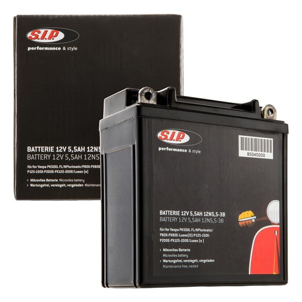 Image of Batterie SIP 12V/5.5Ah, 12N5,5-3B für Vespa PK50XL FL/N Plurimatic/P80X-PX80E-Lusso (D)/P125-150X-P200E-PX125-200E/Lusso (e), mit Batterie