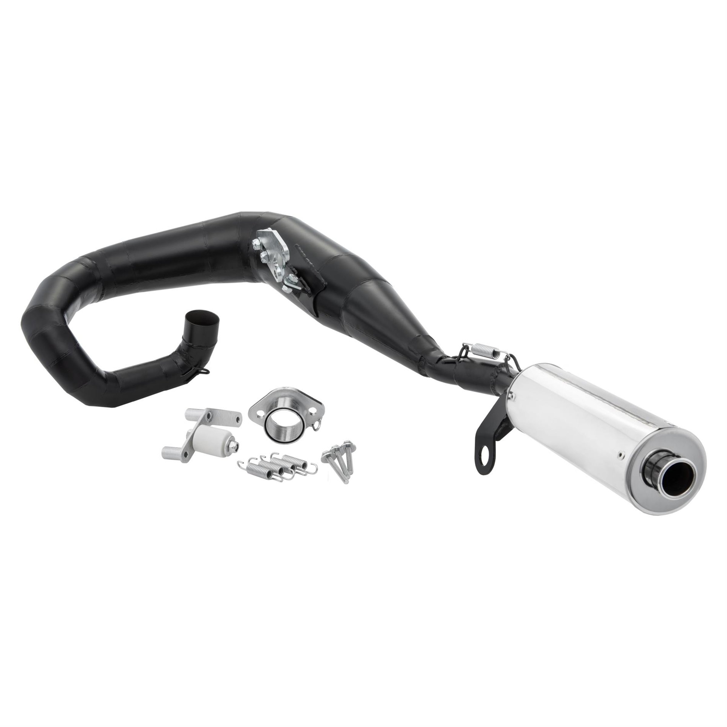 Image of Rennauspuff JL RST, Material: Stahl schwarz, Dämpfer: Edelstahl Farbe (ESD): silber für Lambretta 125 LI/LIS/DL/GP/150 LI/LIS/SX/DL/GP/175 TV 2°-3°/200 TV/SX/DL/GP für Lambretta 125 LI/LIS/DL/GP/150 LI/LIS/SX/DL/GP/175 TV 2°-3°/200 TV/SX/DL/GP