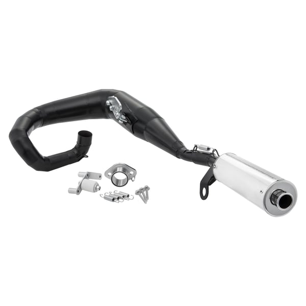 Image of Rennauspuff JL RST, Material: Stahl schwarz, Dämpfer: Edelstahl Farbe (ESD): silber für Lambretta 125 LI/LIS/DL/GP/150 LI/LIS/SX/DL/GP/175 TV 2°-3°/200 TV/SX/DL/GP